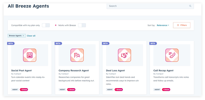 Screenshot of Breeze Agents marketplace showing four beta agents by HubSpot. Agents listed are Social Post Agent (turns calendar events into social content), Company Research Agent (researches companies before outreach), Deal Loss Agent (analyzes lost deals and suggests improvements), and Call Recap Agent (turns call transcripts into notes and follow-up emails). Each card is marked Beta, Agent, and Breeze compatible.