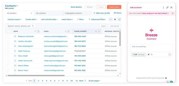 Screenshot of a CRM contacts dashboard showing 484 records. The table lists contact details including name, email, phone number, and original traffic source. Example entries include Rebecca Charlotte, Justino MacKall, Ham Ambrogiotti, and others, with offline sources as traffic. On the right side, a Breeze Assistant chat panel is open with the option to ask questions and add apps.