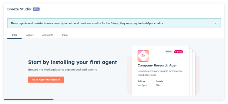 Screenshot of Breeze Studio (Beta) interface with a banner stating agents and assistants are in beta and may require HubSpot credits in the future. The Intro tab is selected, showing a prompt to install the first agent with a button to go to the Agent Marketplace. On the right, a featured Company Research Agent card is displayed, built by HubSpot with over 72k installs.