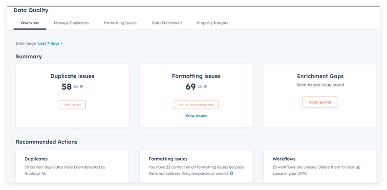  HubSpot Data Studio interface showing options to create datasets, connect external data sources, and enhance HubSpot contacts. Illustration depicts integrating data from HubSpot, Snowflake, Google Sheets, and other sources into a central system for CRM, segments, workflows, and reporting.