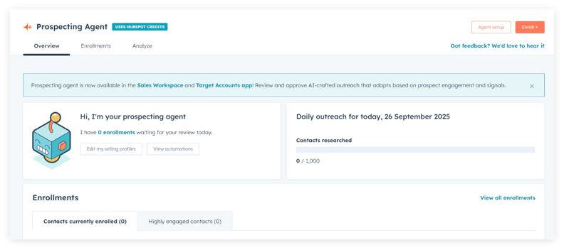  HubSpot Prospecting Agent dashboard showing the Overview tab. A banner at the top highlights availability in Sales Workspace and Target Accounts app. The left card introduces the prospecting agent, displaying zero enrollments waiting for review, with buttons for editing selling profiles and viewing automations. The right card shows daily outreach for 26 September 2025 with zero contacts researched out of 1,000. Navigation tabs include Overview, Enrollments, and Analyze.
