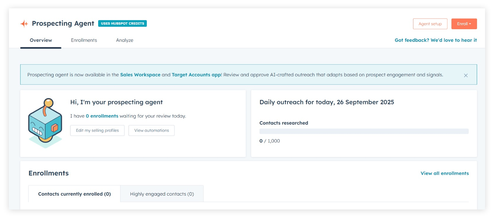 Screenshot of HubSpot Prospecting Agent dashboard showing Overview tab. The page displays zero enrollments waiting for review, an option to edit selling profiles or view automations, and a daily outreach goal for 26 September 2025 with 0 out of 1,000 contacts researched. Enrollments section shows zero contacts currently enrolled and zero highly engaged contacts.
