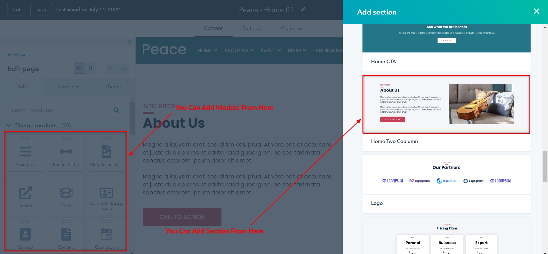 Peace Custom Modules and sections
